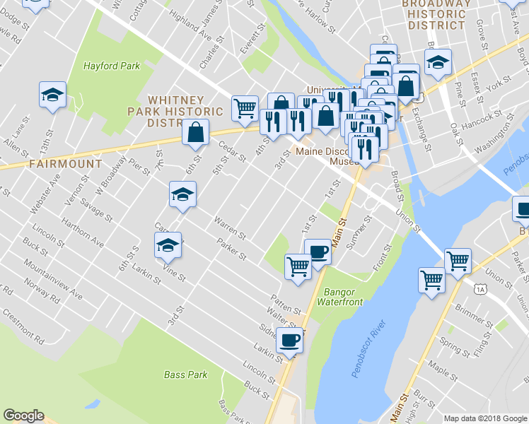 map of restaurants, bars, coffee shops, grocery stores, and more near 93 Sanford Street in Bangor