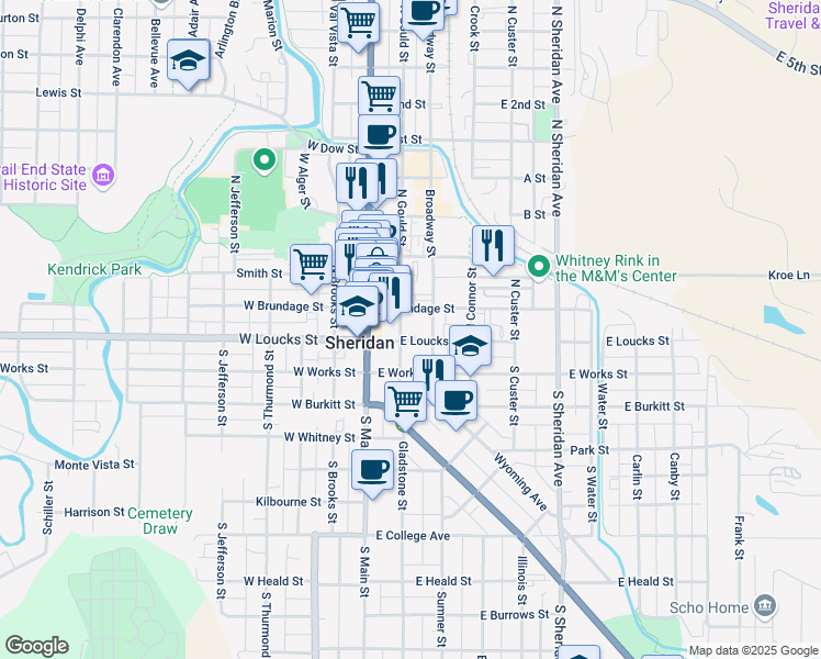 map of restaurants, bars, coffee shops, grocery stores, and more near 101 East Loucks Street in Sheridan