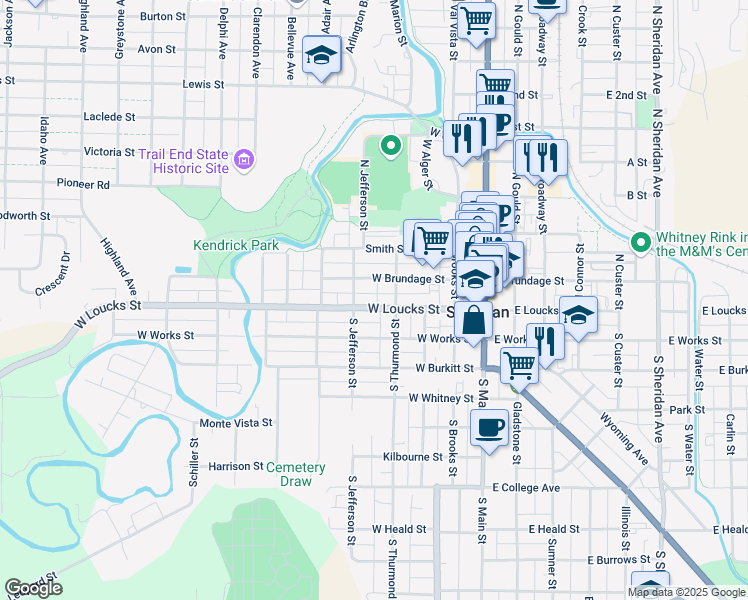 map of restaurants, bars, coffee shops, grocery stores, and more near 339 West Loucks Street in Sheridan