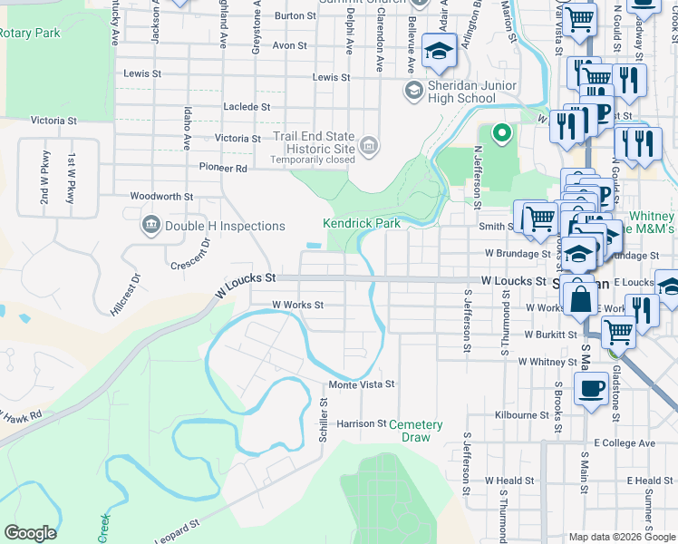 map of restaurants, bars, coffee shops, grocery stores, and more near 827 W Loucks St in Sheridan