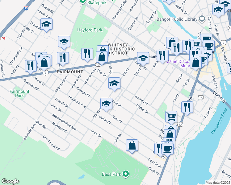 map of restaurants, bars, coffee shops, grocery stores, and more near 143 5th Street in Bangor