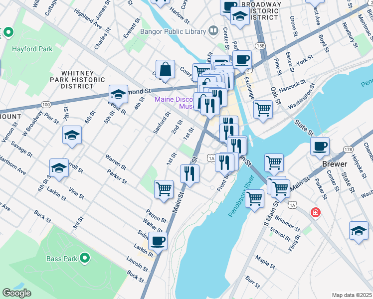 map of restaurants, bars, coffee shops, grocery stores, and more near 262 Main Street in Bangor