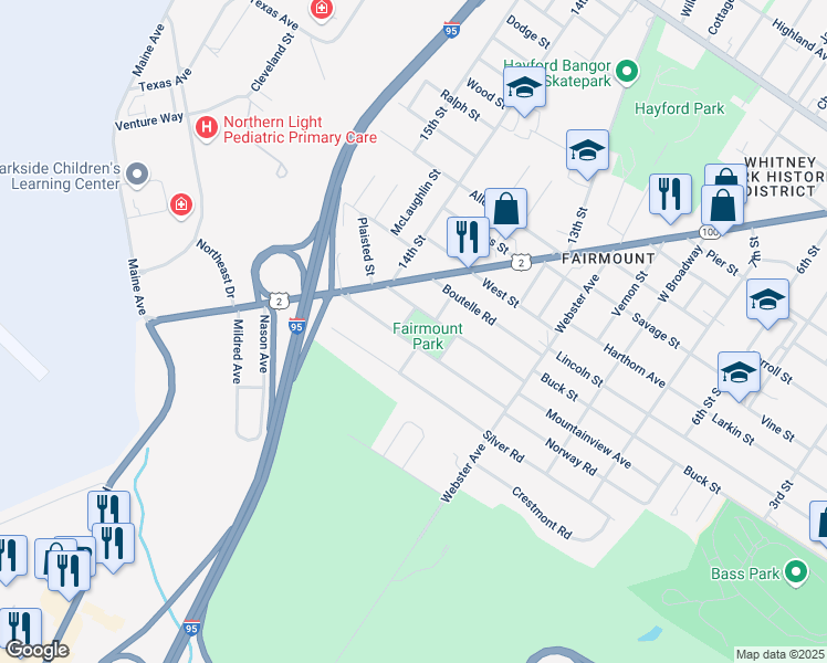 map of restaurants, bars, coffee shops, grocery stores, and more near 82 Norway Road in Bangor