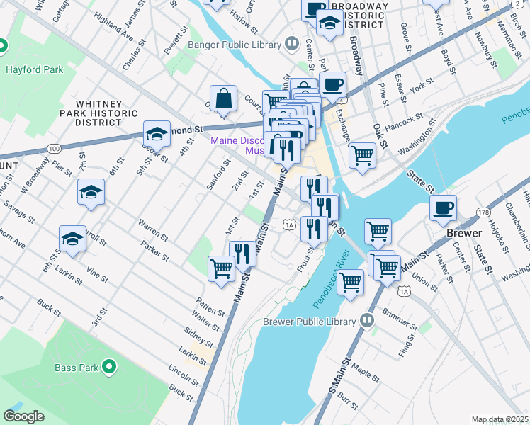 map of restaurants, bars, coffee shops, grocery stores, and more near 232 Main Street in Bangor