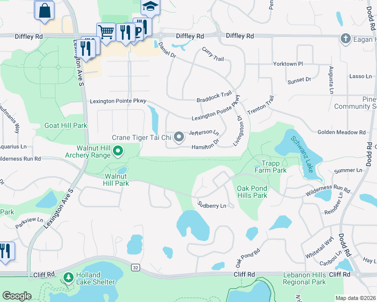 map of restaurants, bars, coffee shops, grocery stores, and more near 4384 Hamilton Drive in Eagan