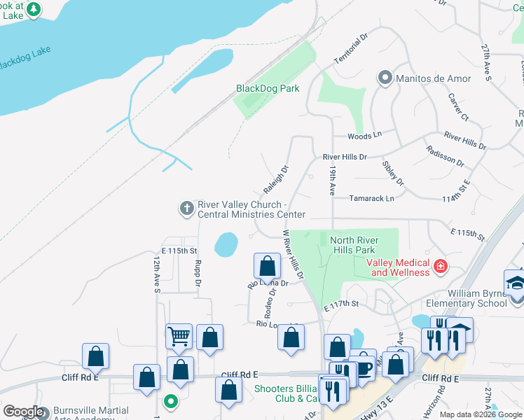 map of restaurants, bars, coffee shops, grocery stores, and more near 1425 Raleigh Drive in Burnsville