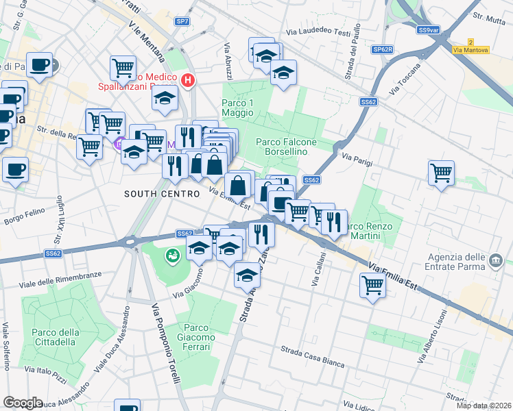 map of restaurants, bars, coffee shops, grocery stores, and more near 42 Via Emilia Est in Parma