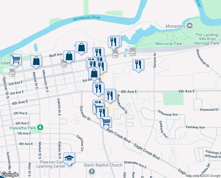 map of restaurants, bars, coffee shops, grocery stores, and more near 1403 4th Avenue East in Shakopee