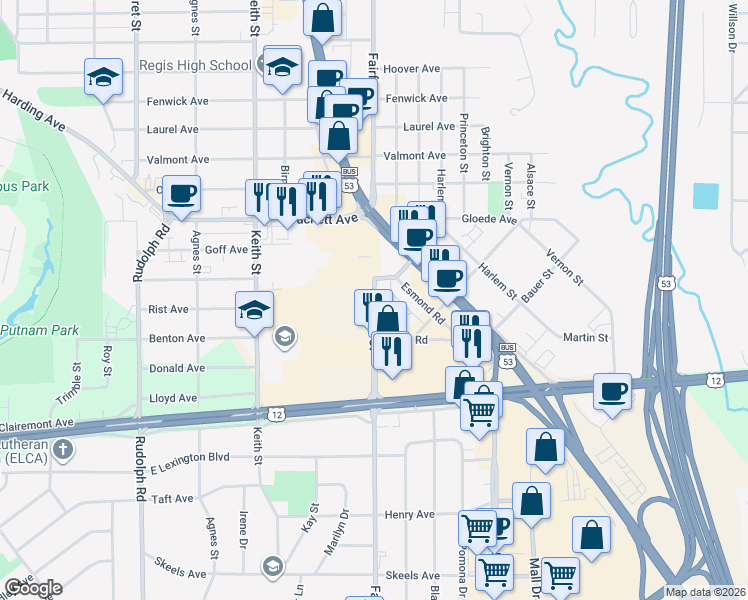 map of restaurants, bars, coffee shops, grocery stores, and more near 2015 Fairfax Street in Eau Claire