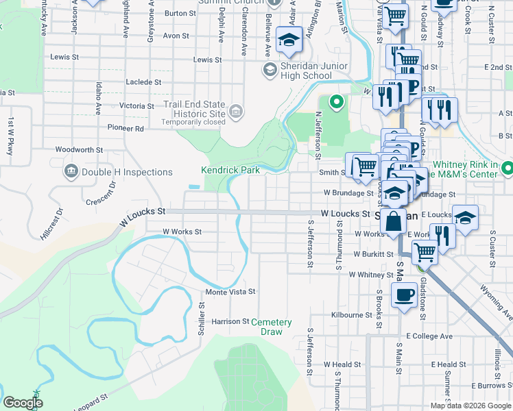 map of restaurants, bars, coffee shops, grocery stores, and more near 625 West Loucks Street in Sheridan