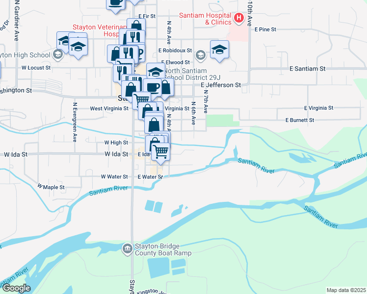map of restaurants, bars, coffee shops, grocery stores, and more near 515 Mill Stream Woods in Stayton