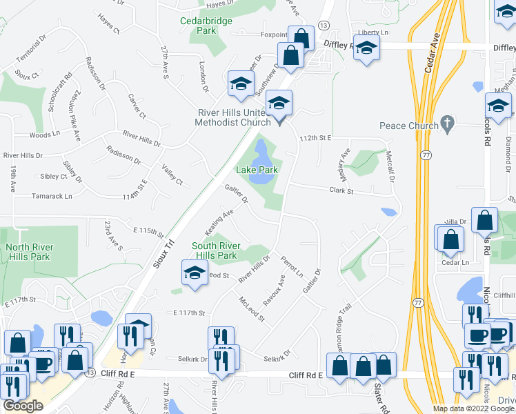 map of restaurants, bars, coffee shops, grocery stores, and more near 11445 Galtier Drive in Burnsville