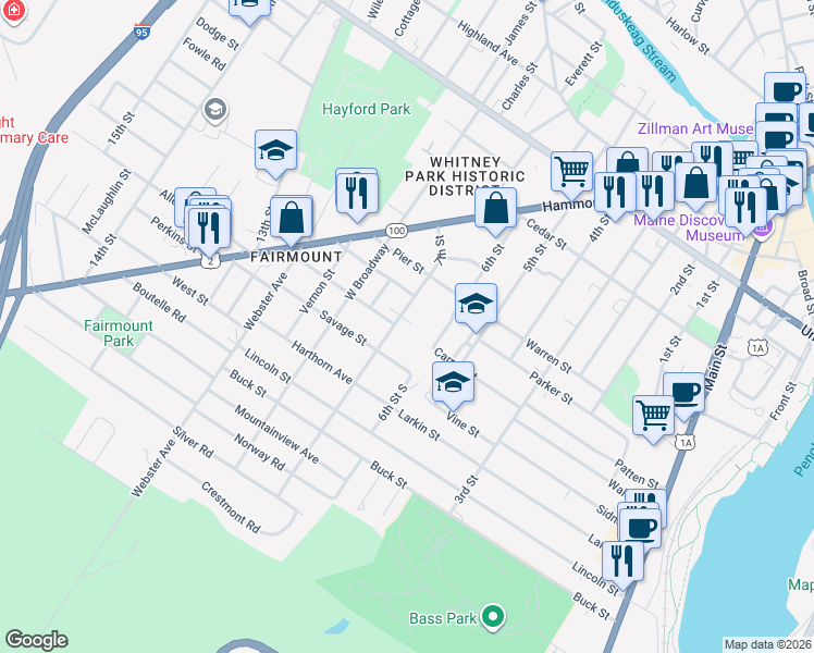 map of restaurants, bars, coffee shops, grocery stores, and more near 84 7th Street in Bangor