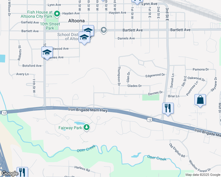 map of restaurants, bars, coffee shops, grocery stores, and more near 1704 Devney Drive in Altoona