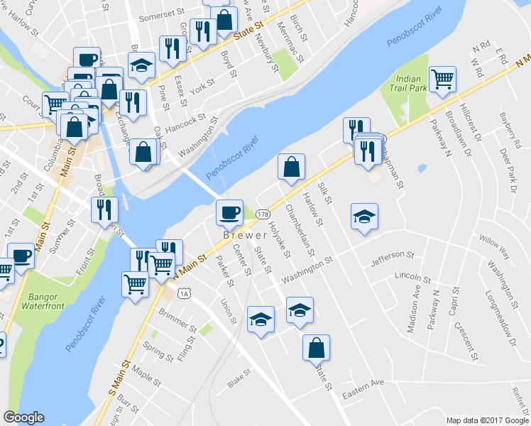 map of restaurants, bars, coffee shops, grocery stores, and more near 20 Holyoke Street in Brewer