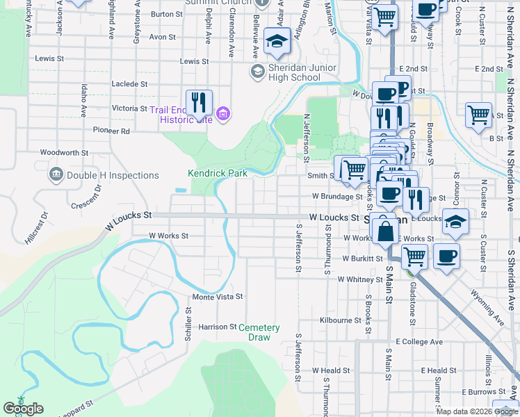 map of restaurants, bars, coffee shops, grocery stores, and more near 517 West Loucks Street in Sheridan