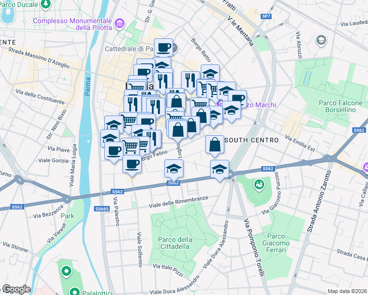 map of restaurants, bars, coffee shops, grocery stores, and more near 5a Borgo Regale in Parma