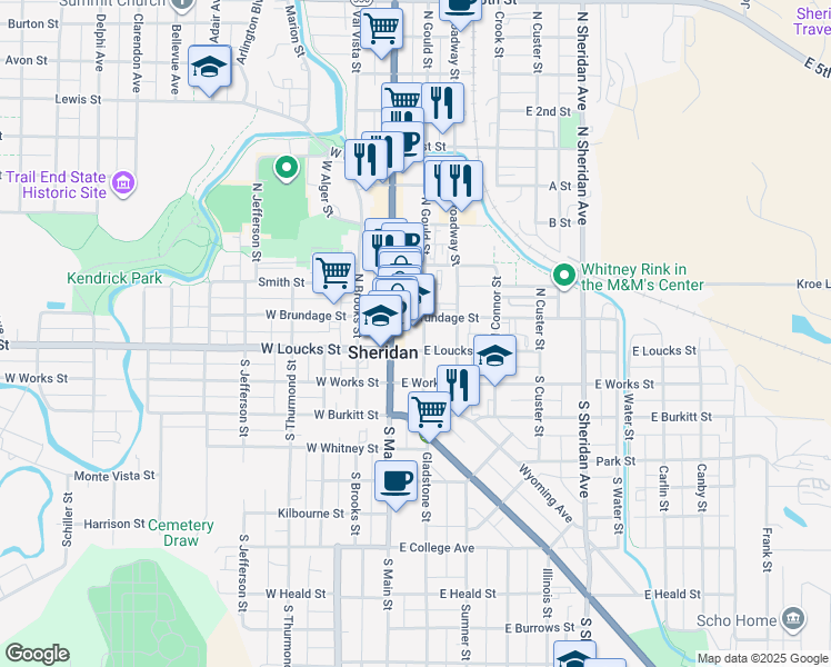 map of restaurants, bars, coffee shops, grocery stores, and more near 101 East Loucks Street in Sheridan