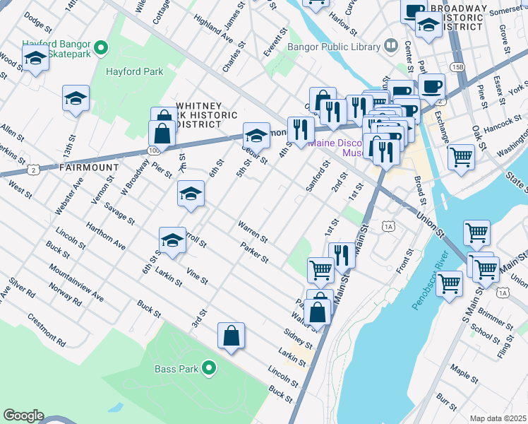 map of restaurants, bars, coffee shops, grocery stores, and more near 105 3rd Street in Bangor