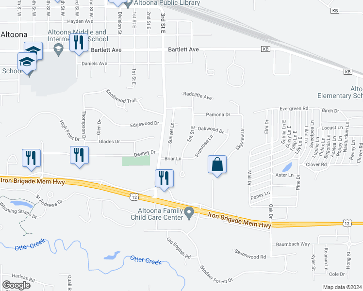 map of restaurants, bars, coffee shops, grocery stores, and more near 1143 5th Street East in Altoona