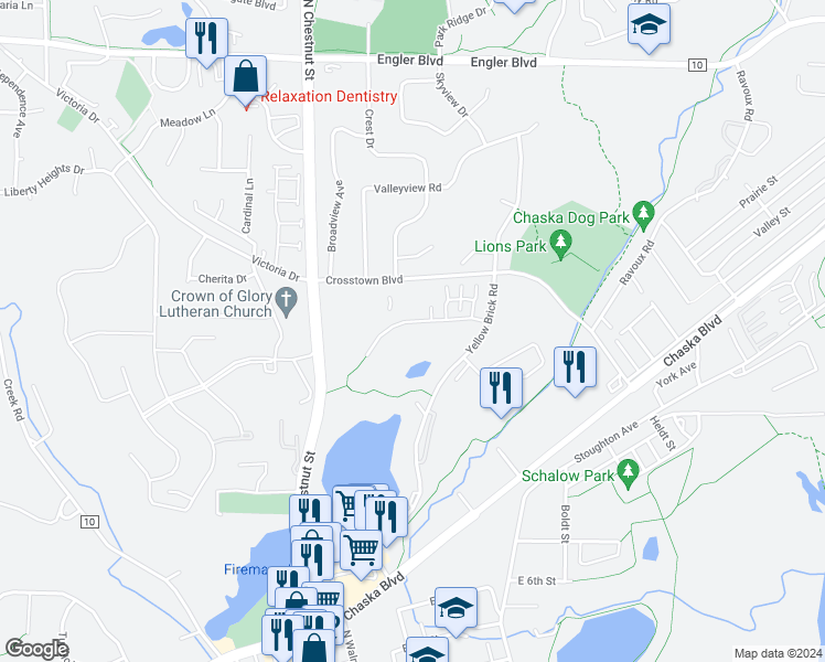 map of restaurants, bars, coffee shops, grocery stores, and more near 335 Brickyard Drive in Chaska