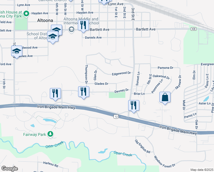 map of restaurants, bars, coffee shops, grocery stores, and more near 1403 Glades Drive in Altoona