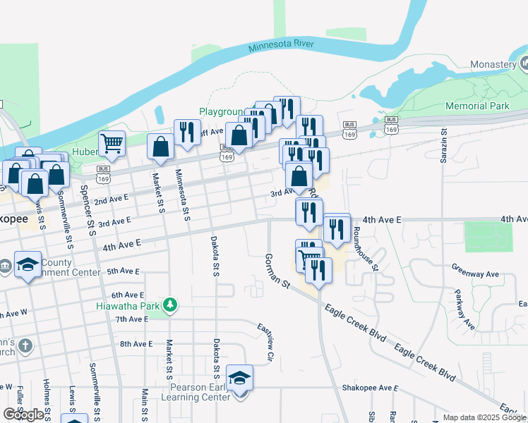 map of restaurants, bars, coffee shops, grocery stores, and more near 323 Naumkeag Street South in Shakopee
