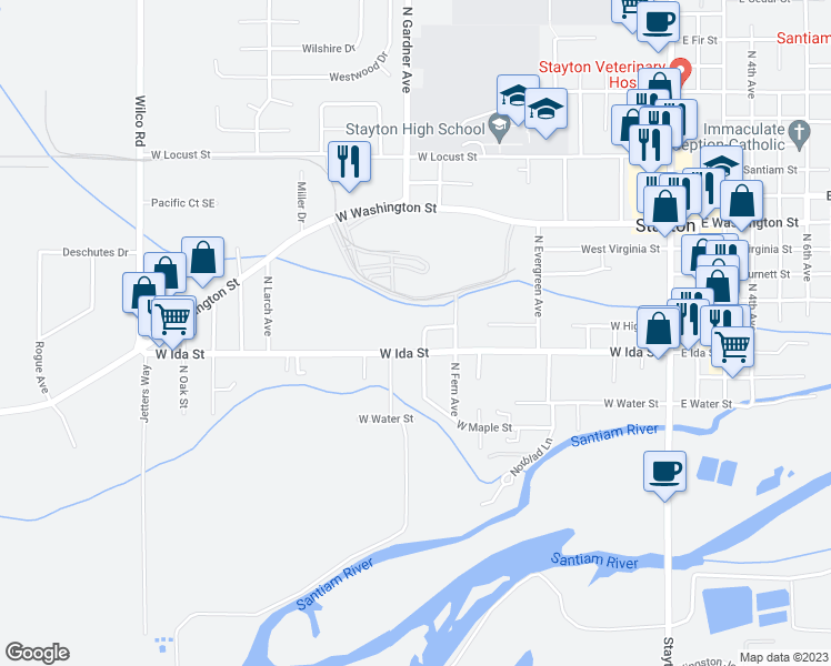 map of restaurants, bars, coffee shops, grocery stores, and more near 415 North Gardner Avenue in Stayton
