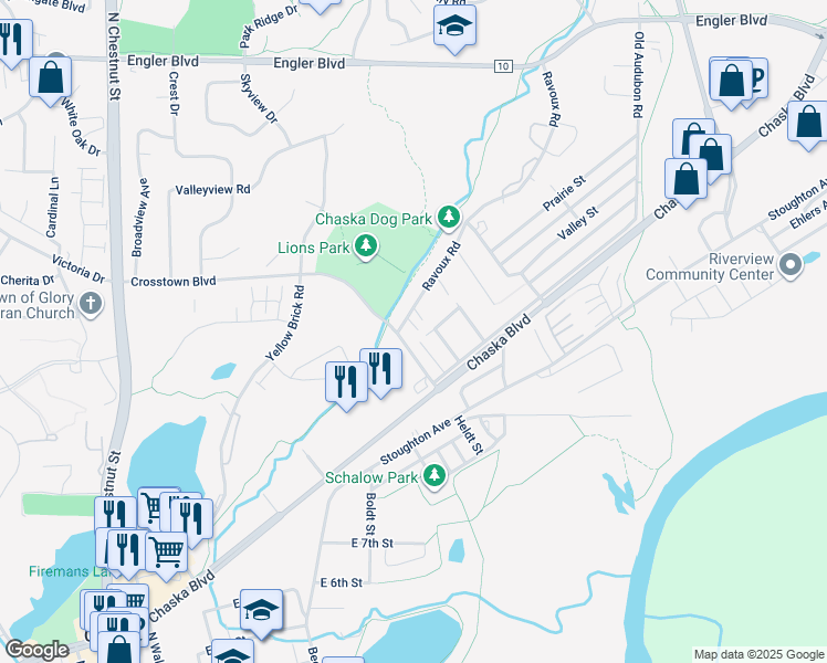 map of restaurants, bars, coffee shops, grocery stores, and more near 1221 Vincent Place in Chaska