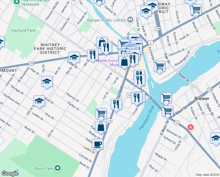 map of restaurants, bars, coffee shops, grocery stores, and more near 45 1st St in Bangor