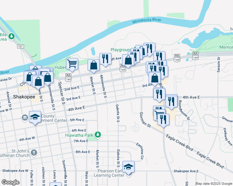 map of restaurants, bars, coffee shops, grocery stores, and more near 904 3rd Avenue East in Shakopee