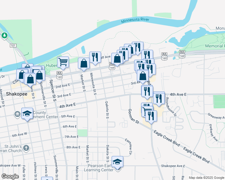 map of restaurants, bars, coffee shops, grocery stores, and more near 1009 4th Avenue East in Shakopee