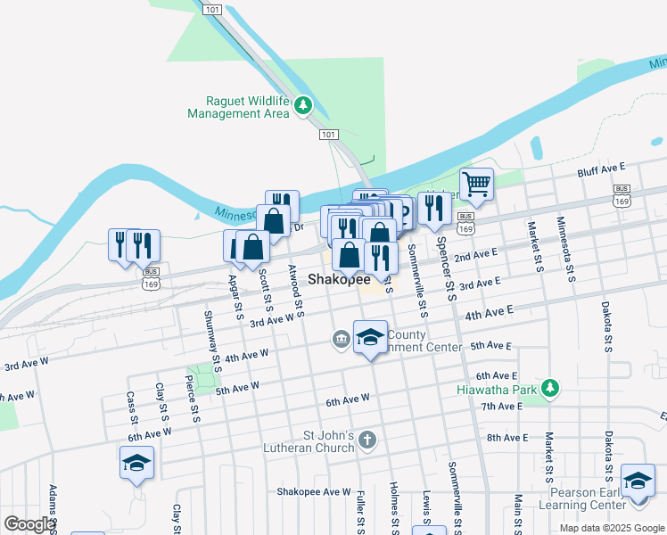 map of restaurants, bars, coffee shops, grocery stores, and more near 123 2nd Avenue West in Shakopee