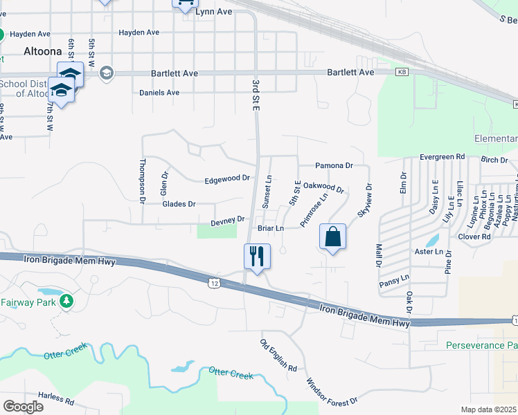 map of restaurants, bars, coffee shops, grocery stores, and more near 1135 Sunset Lane in Altoona