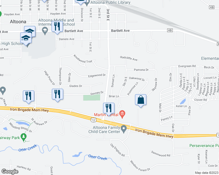 map of restaurants, bars, coffee shops, grocery stores, and more near 1128 Sunset Lane in Altoona