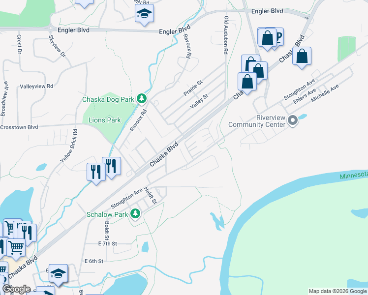 map of restaurants, bars, coffee shops, grocery stores, and more near 1108 Crystal Place East in Chaska