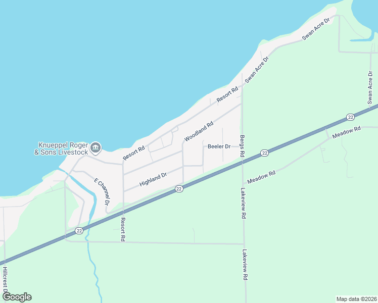 map of restaurants, bars, coffee shops, grocery stores, and more near W5021 Woodland Road in Shawano
