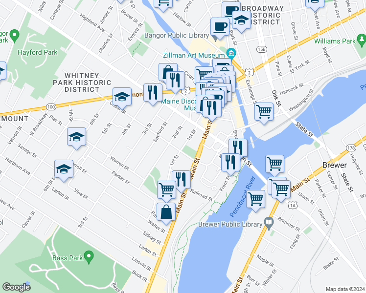 map of restaurants, bars, coffee shops, grocery stores, and more near 45 1st Street in Bangor