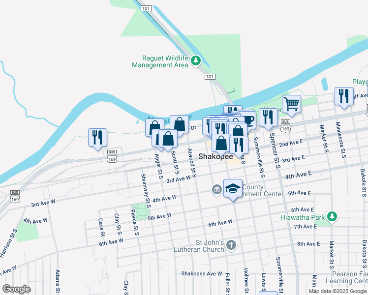 map of restaurants, bars, coffee shops, grocery stores, and more near 312 1st Avenue West in Shakopee