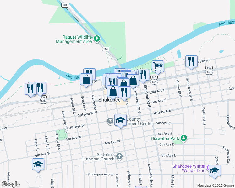 map of restaurants, bars, coffee shops, grocery stores, and more near 129 Holmes Street South in Shakopee