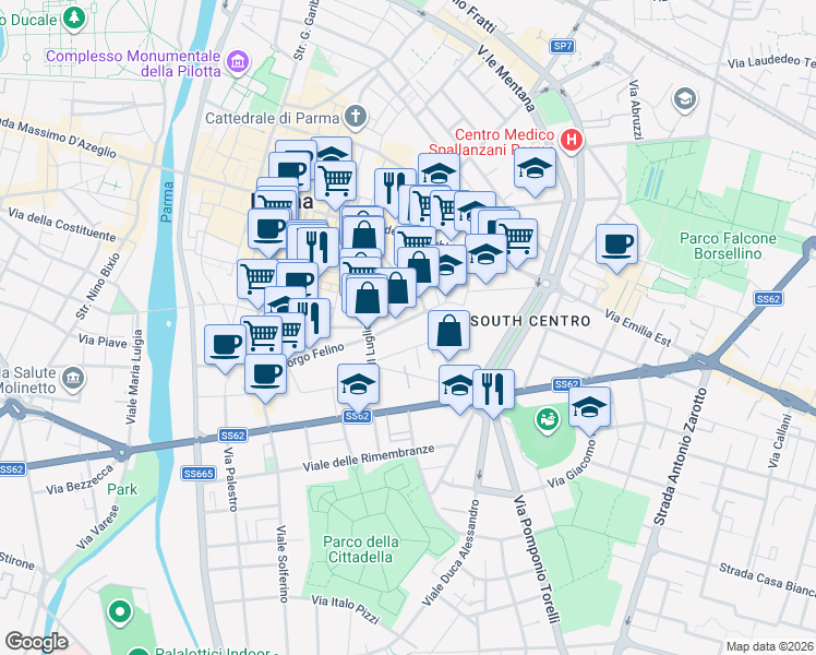 map of restaurants, bars, coffee shops, grocery stores, and more near 2-30 Via Primo Groppi in Parma