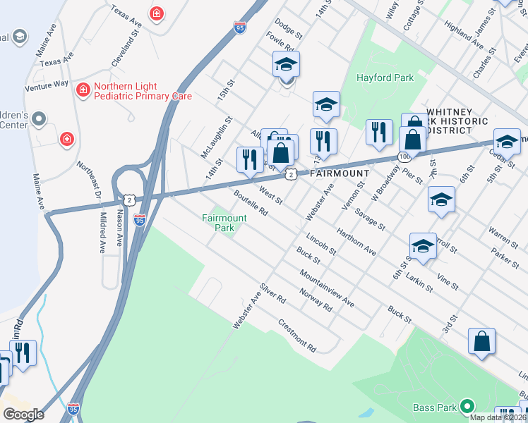 map of restaurants, bars, coffee shops, grocery stores, and more near Boutelle Road in Bangor