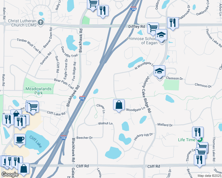 map of restaurants, bars, coffee shops, grocery stores, and more near 4399 North Woodgate Lane in Eagan