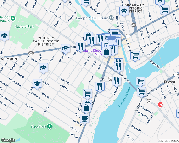 map of restaurants, bars, coffee shops, grocery stores, and more near 64 2nd Street in Bangor