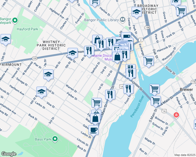 map of restaurants, bars, coffee shops, grocery stores, and more near 64 2nd Street in Bangor