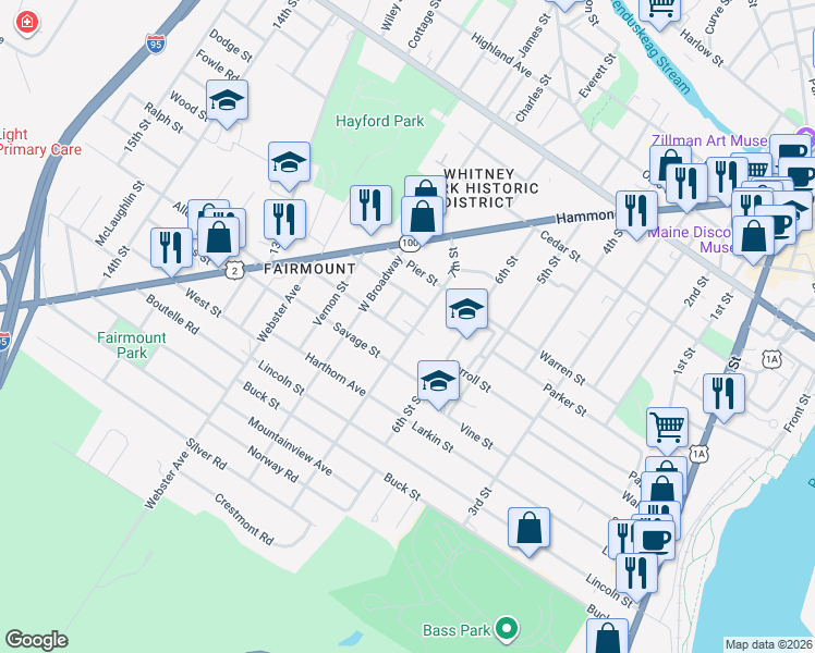 map of restaurants, bars, coffee shops, grocery stores, and more near 107 7th Street in Bangor