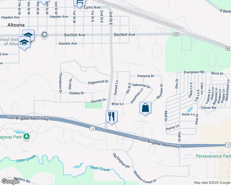 map of restaurants, bars, coffee shops, grocery stores, and more near 1135 Sunset Lane in Altoona