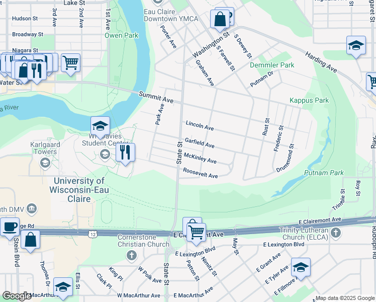 map of restaurants, bars, coffee shops, grocery stores, and more near 333 McKinley Avenue in Eau Claire