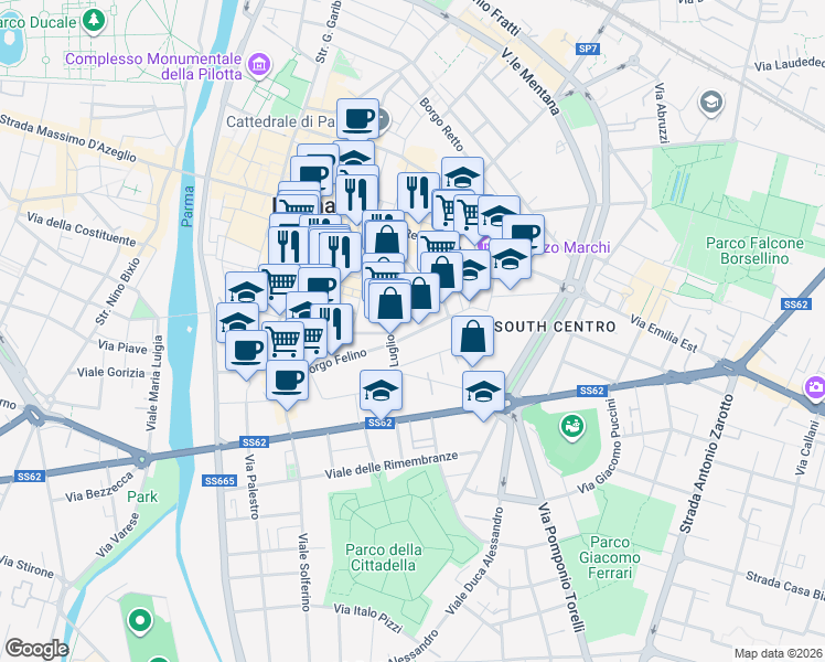 map of restaurants, bars, coffee shops, grocery stores, and more near 5a Borgo Regale in Parma