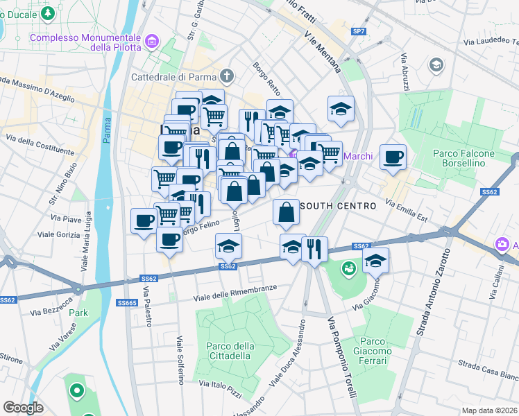 map of restaurants, bars, coffee shops, grocery stores, and more near 2-30 Via Primo Groppi in Parma